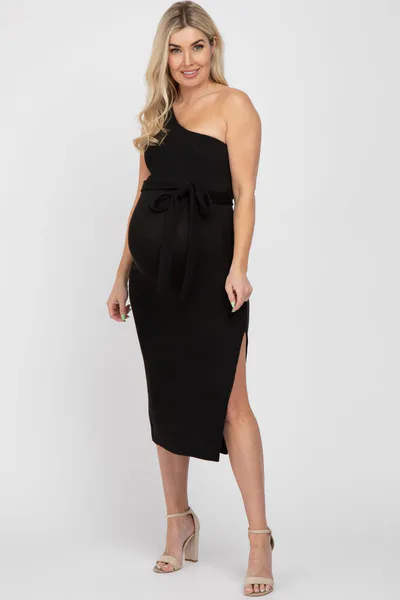 PinkBlush Black Ribbed One Shoulder Side Slit Maternity Midi Dress