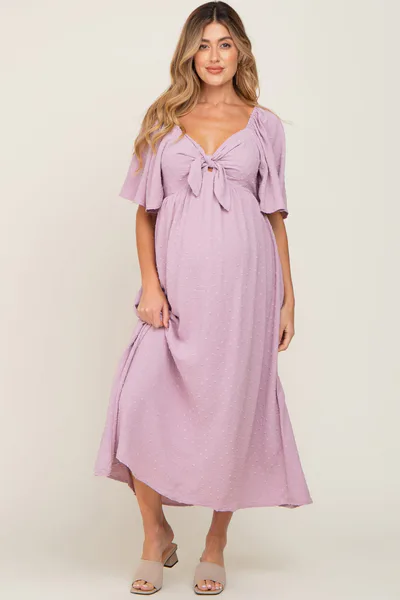 PinkBlush Pink Textured Dot Front Tie Ruffle Sleeve Maternity Midi Dress
