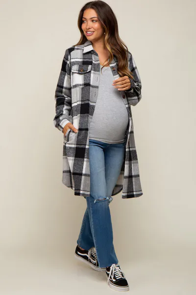 PinkBlush Black Plaid Fleece Maternity Long Shirt Jacket