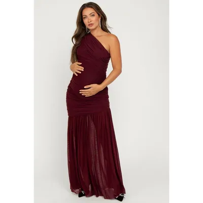 Target Pinkblush Dark Burgundy Ruched Mesh One Shoulder Maternity Maxi Dress Small