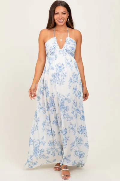 PinkBlush Light Blue Floral Tie-Back Halter Maternity Maxi Dress