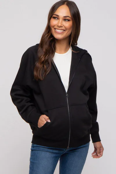 PinkBlush Black Front Zipper Hooded Maternity Sweater