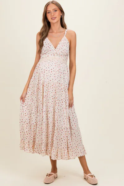 PinkBlush Ivory Printed Lace Inset Tiered Maternity Maxi Dress
