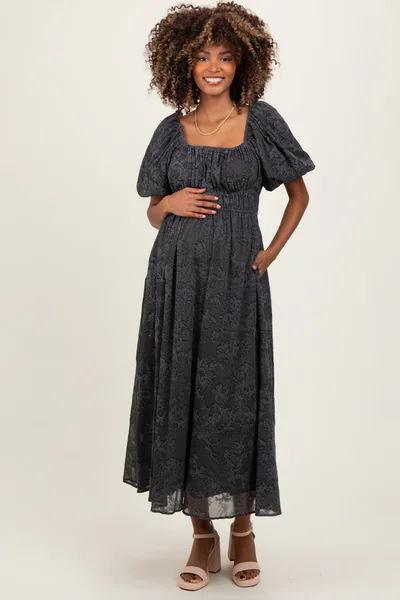 PinkBlush Charcoal Floral Square Neck Bubble Sleeve Maternity Mid Dress
