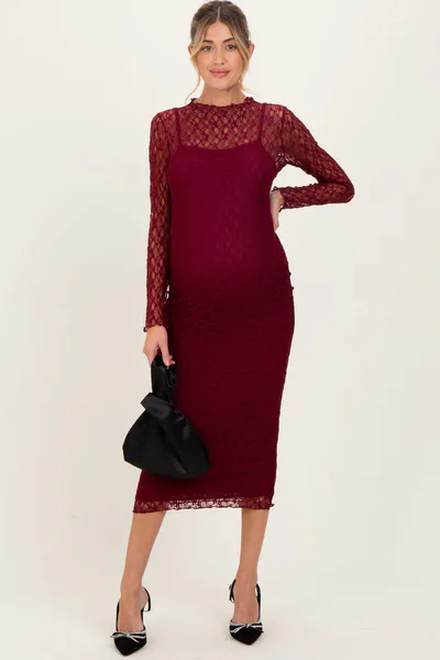 PinkBlush Burgundy Lace Overlay Fitted Maternity Midi Dress