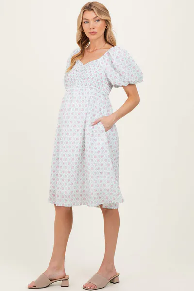PinkBlush Green Floral Smocked Puff Sleeve Maternity Dress