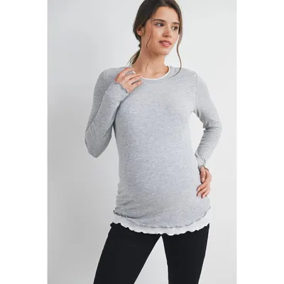 Target Hello Miz Women's Ribbed Layer Contrast Long Sleeve Maternity Top - Grey/White - Small