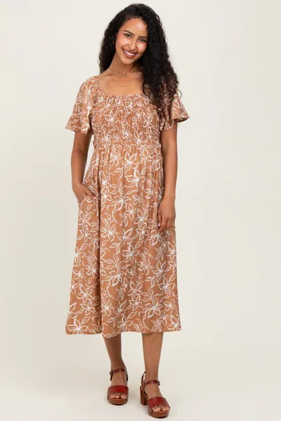 PinkBlush Mocha Floral Print Smocked Maternity Midi Dress