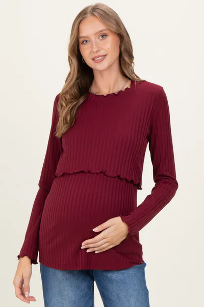 PinkBlush Burgundy Ribbed Ruffle Detail Maternity/Nursing Long Sleeve Top