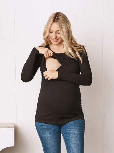 Angel Maternity Black Long Sleeve Maternity & Nursing  Top