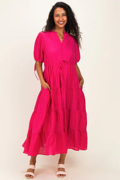 PinkBlush Fuchsia Drawstring Waist Tiered Maternity Midi Dress