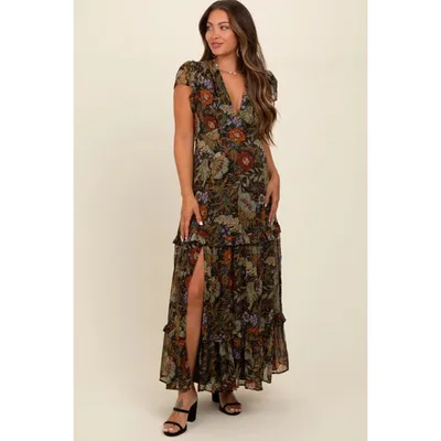 Target Pinkblush Black Floral Deep V-Neck Tiered Maternity Maxi Dress Small