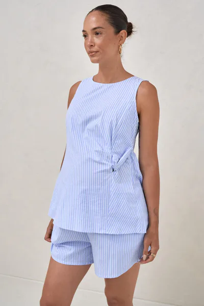 Bae the Label Plot Twist Woven Top - Blue/White Stripe