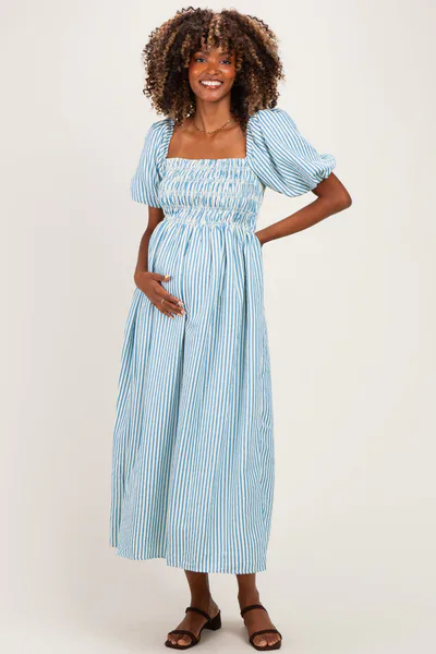 PinkBlush Blue Square Neck Smocked Striped Maternity Midi Dress