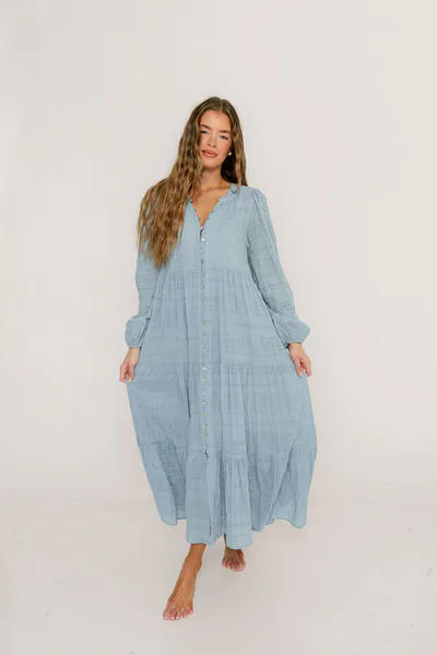 Worth Collective Anna Cotton-Blend Button Down Maxi Dress in Baby Blue - Bump Friendly