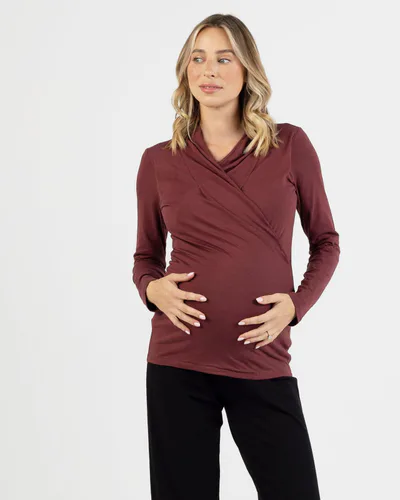 Angel Maternity Maternity V-Neck Crossover Bamboo Long Sleeve Top in Maroon