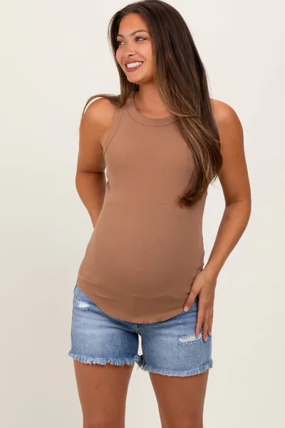 PinkBlush Blue Distressed Fringe Hem Maternity Denim Shorts