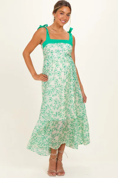 PinkBlush Green Floral Shoulder Bow Maternity Maxi Dress