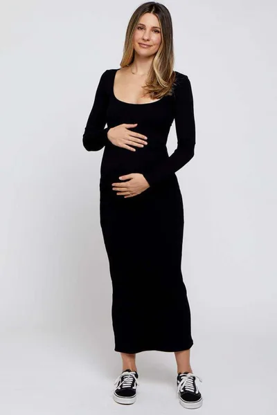 PinkBlush Black Ribbed Scoop Neck Maternity Midi Dress