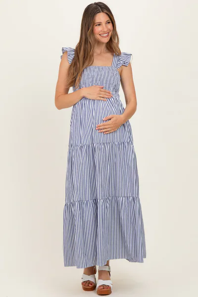 PinkBlush Navy Striped Ruffle Strap Smocked Maternity Maxi Dress
