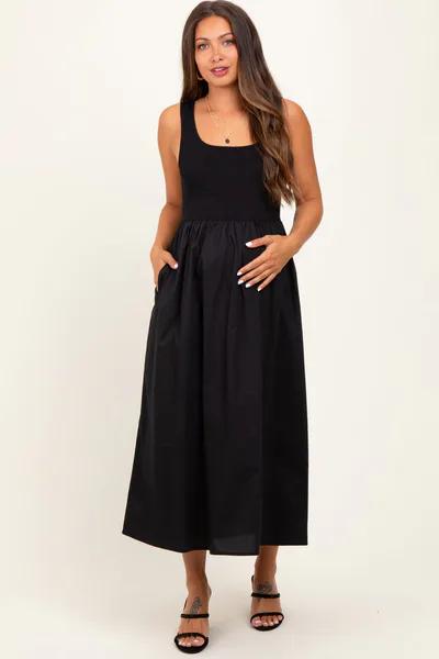 PinkBlush Black Contrast Sleeveless Square Neck Maternity Midi Dress