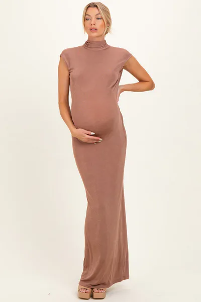 PinkBlush Brown Open Back Scarf Neck Maternity Maxi Dress
