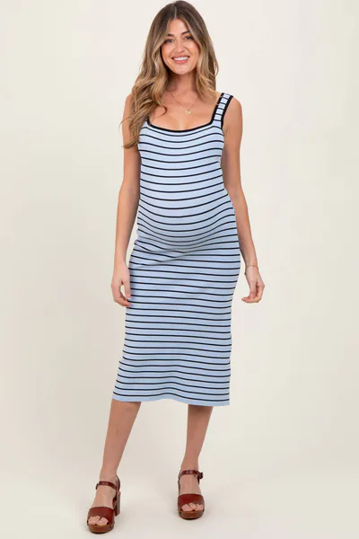 PinkBlush Light Blue Striped Knit Square Neck Maternity Midi Dress