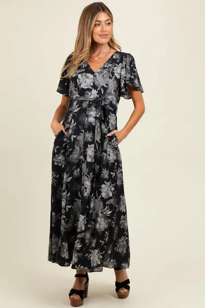 PinkBlush Black Multi Floral Flutter Sleeve Maternity Maxi Dress