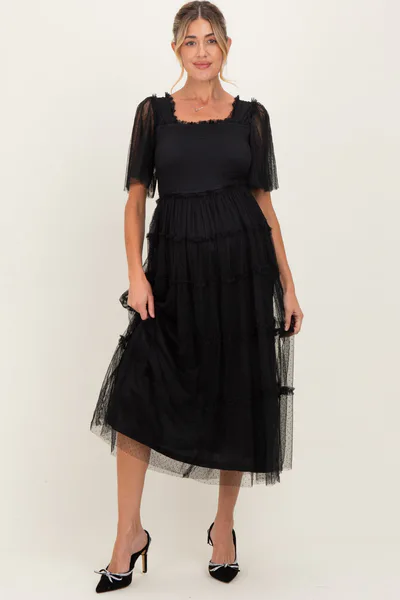 PinkBlush Black Ruffled Mesh Maternity Maxi Dress