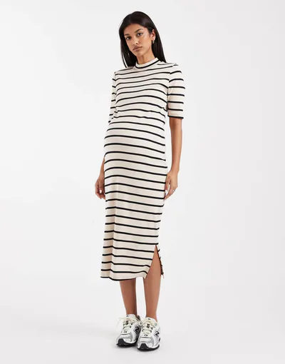 ASOS Mamalicious Maternity half sleeve high neck midi dress in cream with black stripes