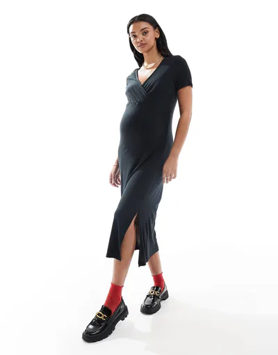 ASOS Mamalicious Maternity short sleeved ribbed jersey maxi dress in black
