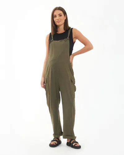 Ripe Maternity Cargo Pocket Linen Jumpsuit Olive