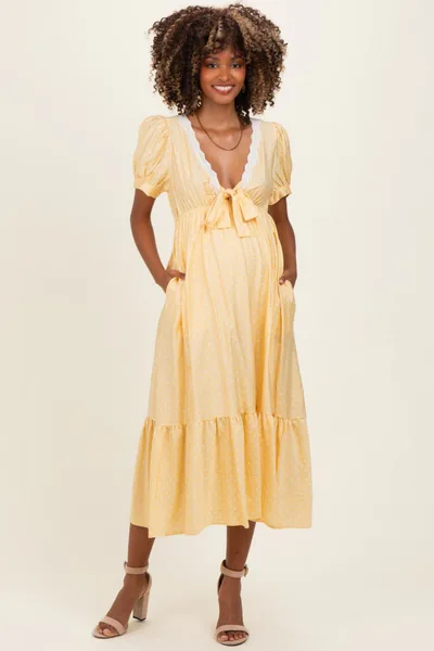 PinkBlush Yellow Polka Dot Short Sleeve Lace V-Neck Ruffle Hem Maternity Maxi Dress