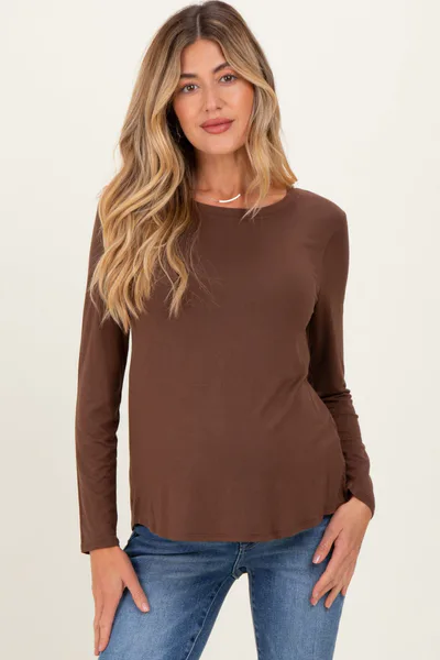 PinkBlush Brown Flowy Round Hem Maternity Long Sleeve Top