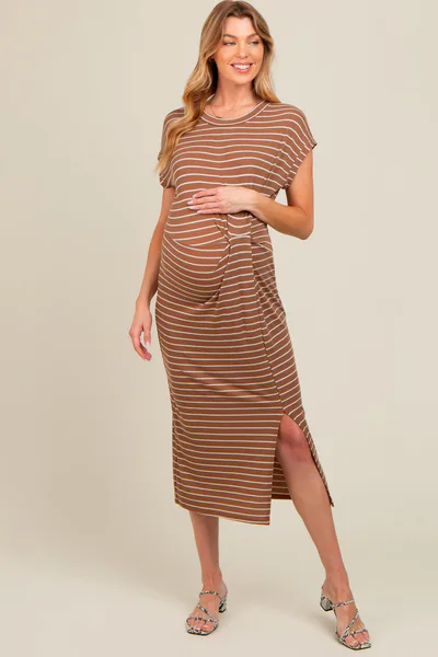 PinkBlush Brown Striped Gathered Waist Maternity Dress