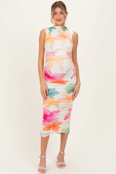 PinkBlush Multicolor Floral Ruched Sleeveless Maternity Midi Dress