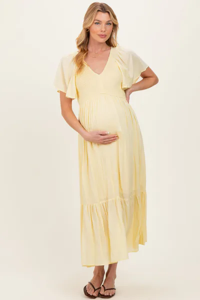 PinkBlush Yellow Smocked Maternity Midi Dress