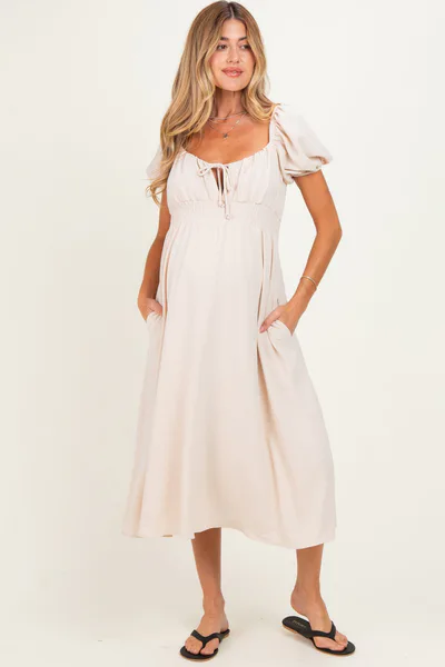 PinkBlush Beige Smocked Waist Short Sleeve Maternity Midi Dress