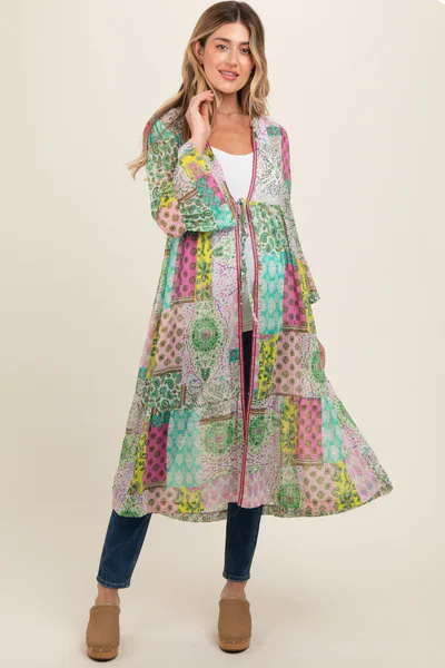 PinkBlush Green Floral Paisley Metallic Striped Tie Front Maternity Cover Up