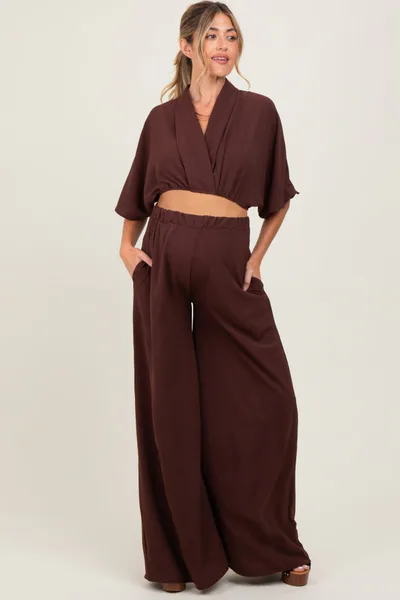 PinkBlush Brown Crop Blouse Wide Leg Pant Maternity Set