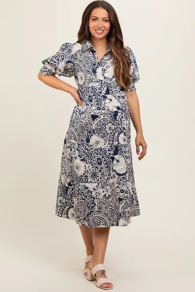 PinkBlush Navy Blue Floral Collared Tiered Maternity Midi Dress