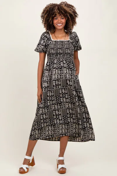 PinkBlush Black Patch Printed Smocked Maternity Midi Dress
