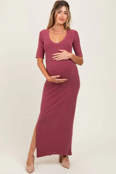 PinkBlush Mauve Ruched Short Sleeve Side Slit Maternity Midi Dress