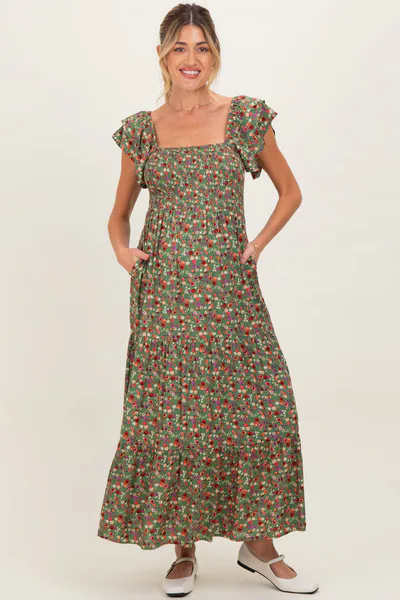 PinkBlush Olive Floral Off Shoulder Smocked Maternity Maxi Dress
