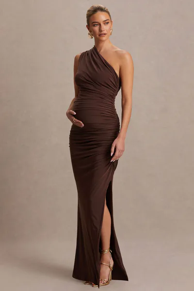 Club L London Darcie | Brown Asymmetric-Neck Maternity Maxi Dress