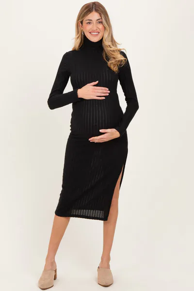 PinkBlush Black Ribbed Knit Turtleneck Side Slit Maternity Dress