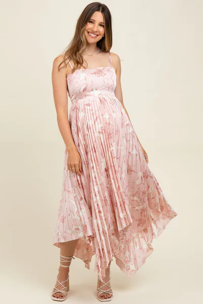 PinkBlush Light Floral Woven Pleat Skirt Maternity Maxi Dress