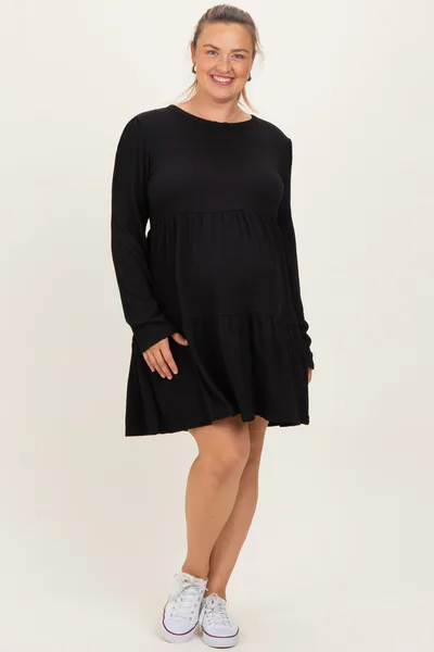 PinkBlush Black Textured Rib Tiered Long Sleeve Maternity Plus Dress