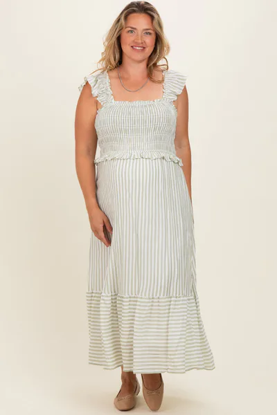 PinkBlush Light Olive Striped Smocked Maternity Plus Midi Dress