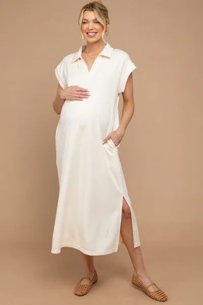 PinkBlush Oatmeal Collared Oversized Maternity Midi Dress